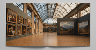 A grand empty museum gallery with still-life and mountain paintings under warm iron-and-glass light.