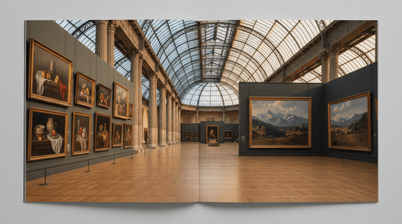 A grand empty museum gallery with still-life and mountain paintings under warm iron-and-glass light.