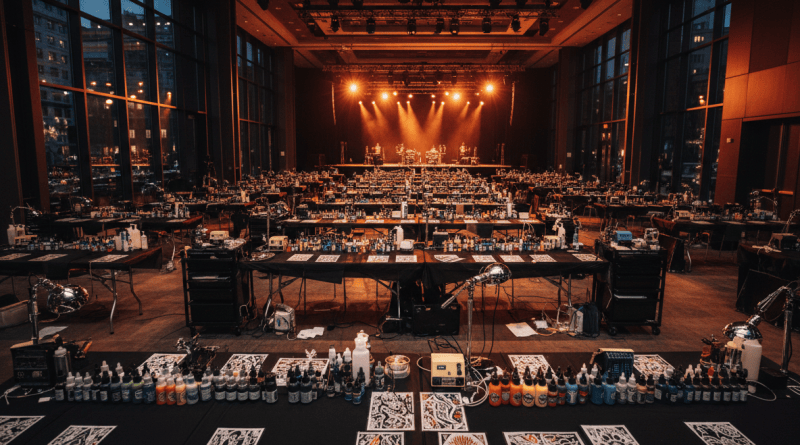 A hotel ballroom prepared for a tattoo expo with ink stations and warm lights