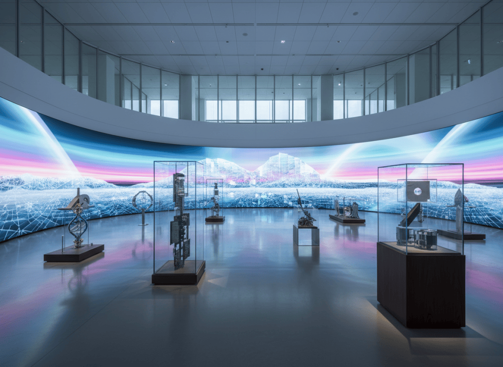 A contemporary museum gallery with glowing abstract digital screens and archival objects.