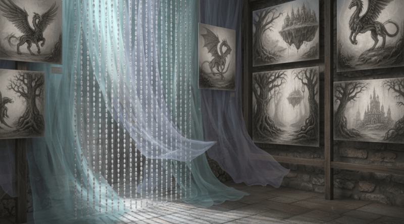 Abstract gallery with translucent curtains for Cosmo Whyte story