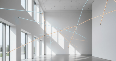 Gallery interior with neon light sculpture glow