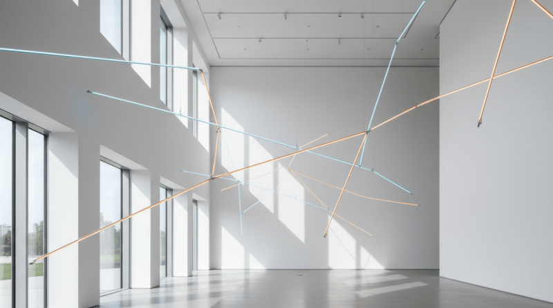 Gallery interior with neon light sculpture glow