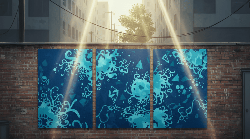 Abstract cyanotype blue mural atmosphere for Cruz Toronto story