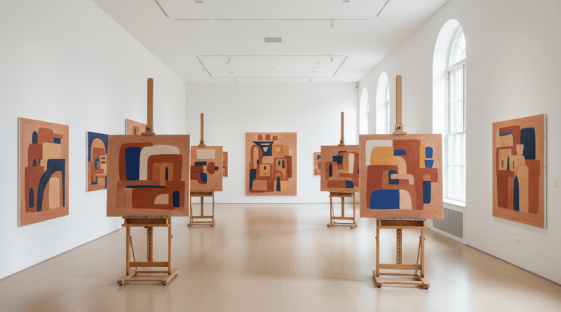 A sunlit gallery interior with modernist paintings and studio easels