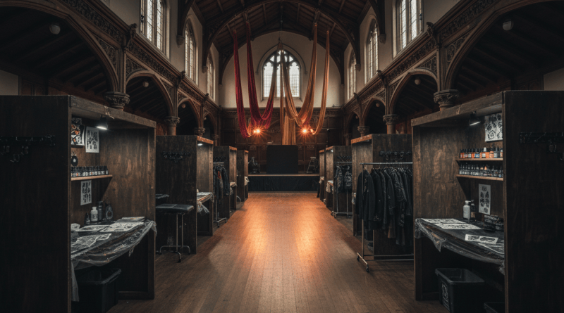 A historic university hall staged as a tattoo convention with booths and warm light.