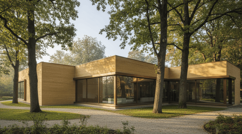 Warm rammed-concrete museum wing set among trees in a landscaped park.