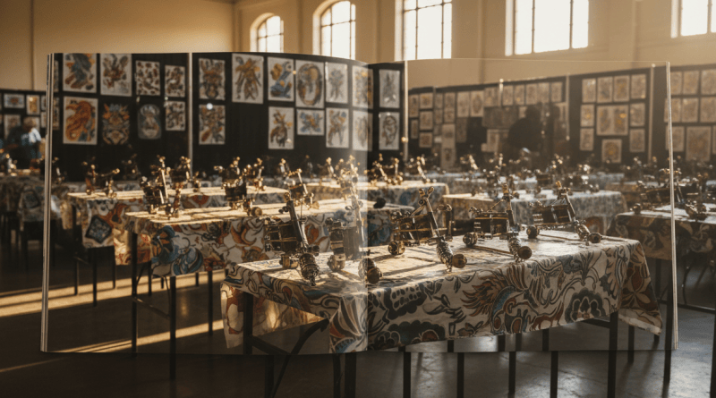 Illustrated tattoo convention floor in warm California light