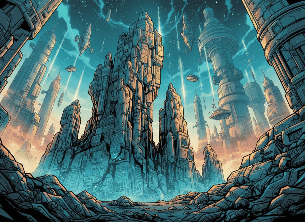 Comic futuristic landscape of financial newspaper scholar rocks