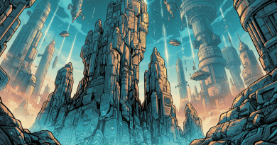 Comic futuristic landscape of financial newspaper scholar rocks
