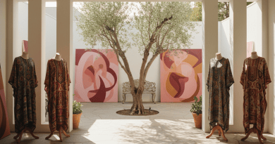 Sunlit Venice California studio with embroidered garments on a mannequin, abstract line canvases, and an olive-tree courtyard, no people or text