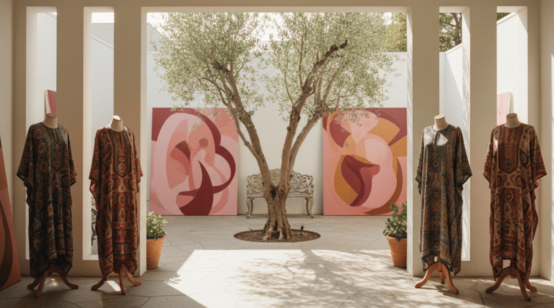 Sunlit Venice California studio with embroidered garments on a mannequin, abstract line canvases, and an olive-tree courtyard, no people or text