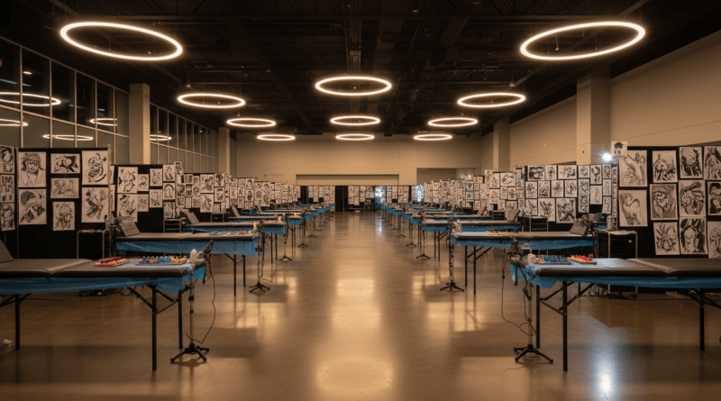 A convention hall with tattoo stations and colorful ink under warm civic-center lights.