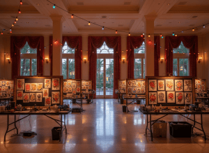 A wide tattoo-convention hall with circus-warm lighting, empty booths, and ink tools, no readable text or faces.