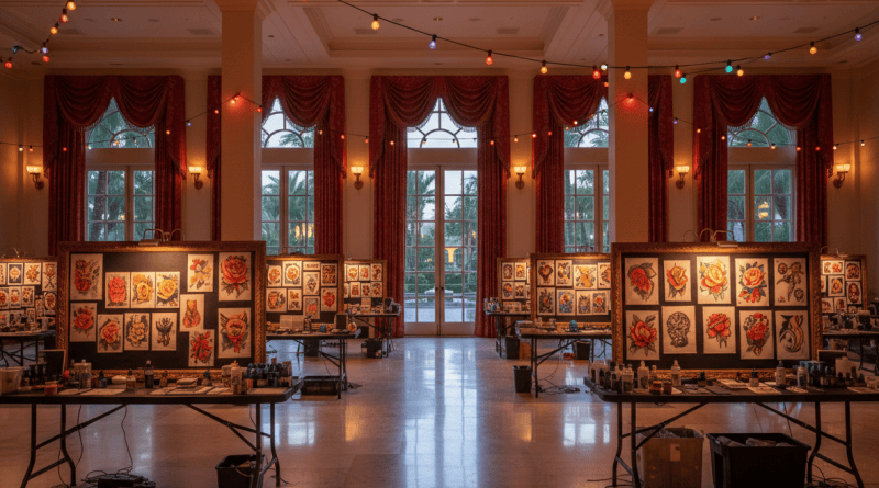 A wide tattoo-convention hall with circus-warm lighting, empty booths, and ink tools, no readable text or faces.