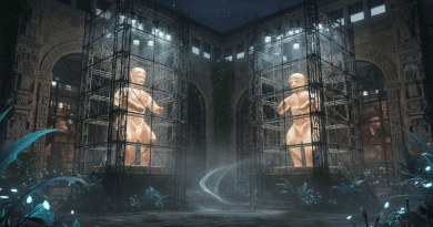 Fantasy museum courtyard night scene with luminous Latin American modern sculptures under expansion scaffolding lights, no text no logos no faces