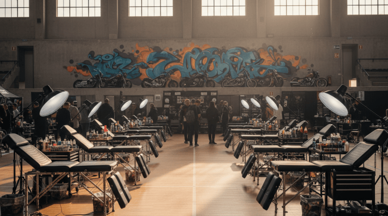 Sunlit indoor arena floor prepared as a tattoo convention with lamps and empty stations.