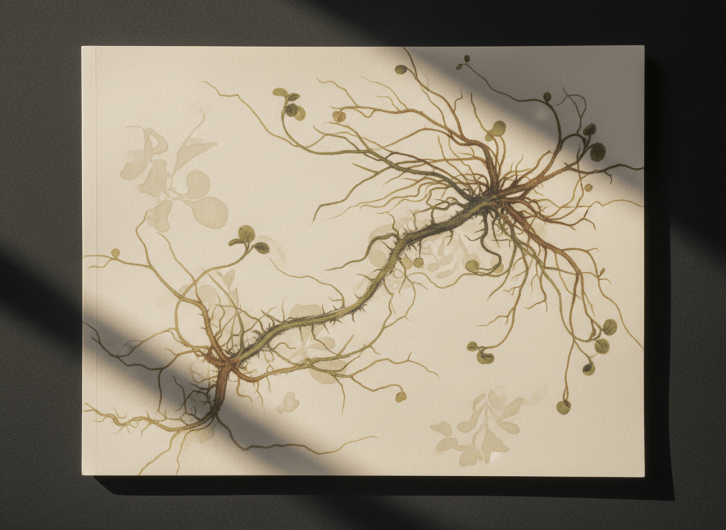 Delicate seedling root patterns on paper under soft gallery light