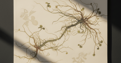Delicate seedling root patterns on paper under soft gallery light