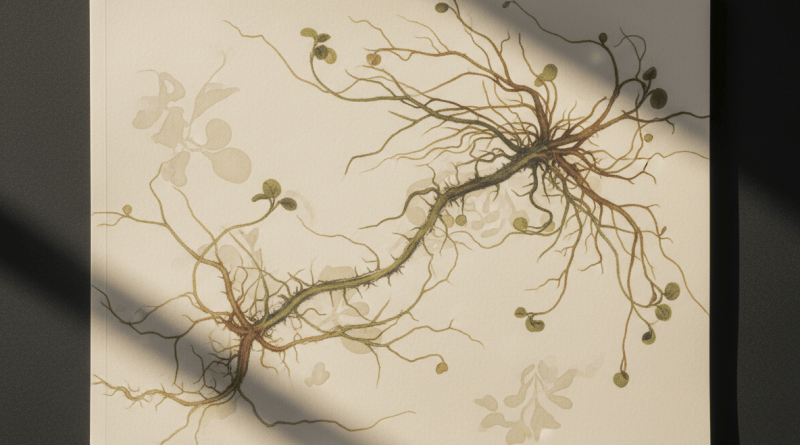 Delicate seedling root patterns on paper under soft gallery light