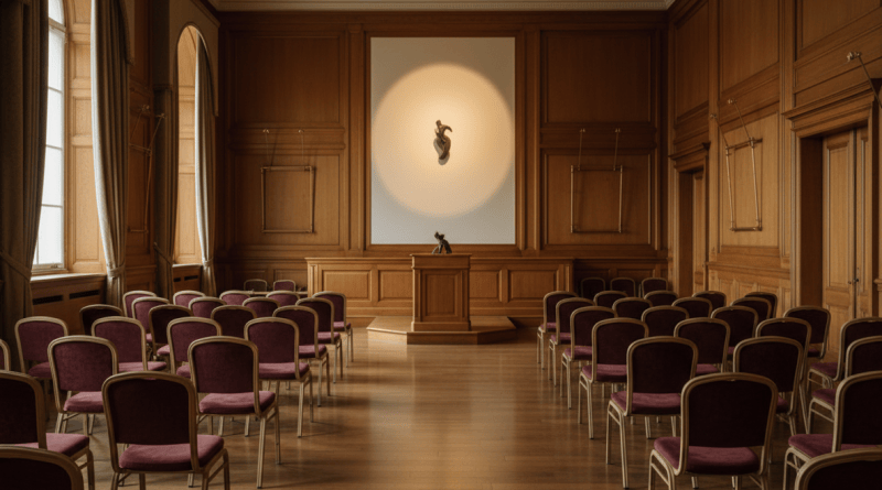 Auction room spotlight on a ceramic sculpture