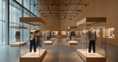 Design museum exhibition with fashion and craft displays