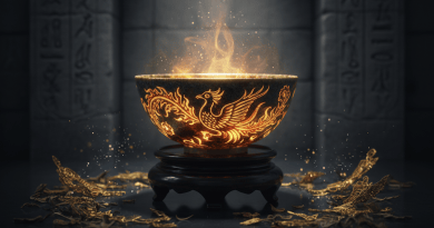Fantasy still life of ceramic bowl with phoenix motifs