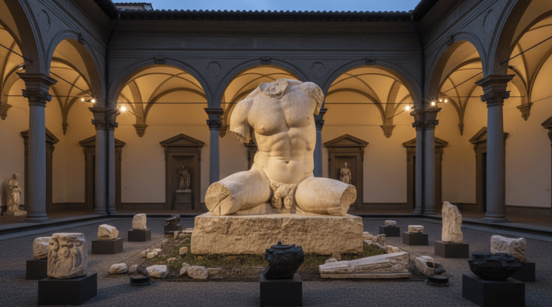 A fragmented classical sculpture stands in a Renaissance palazzo courtyard under warm museum light.