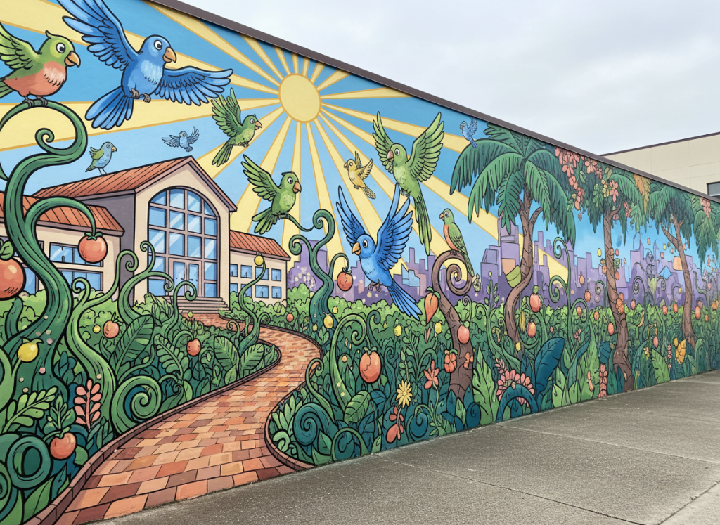Abstract long mural nature path for Bootle public art story