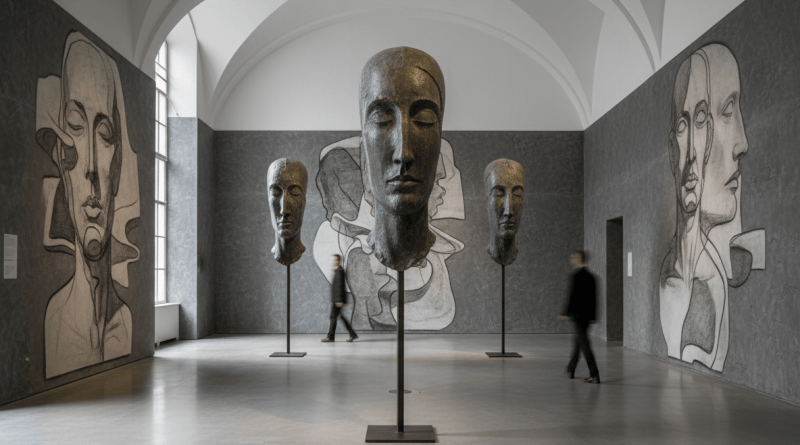 Landscape gallery with elongated bronze sculptures and wall drawings
