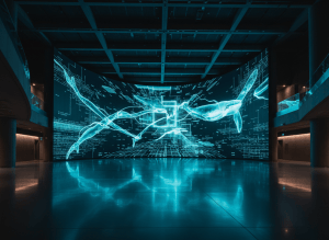 A wide museum lobby media wall glowing with abstract teal vector graphics and whale-like digital forms, no readable text or faces.