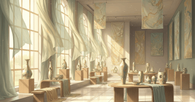 Anime-style craft exhibition interior with ceramics and textiles
