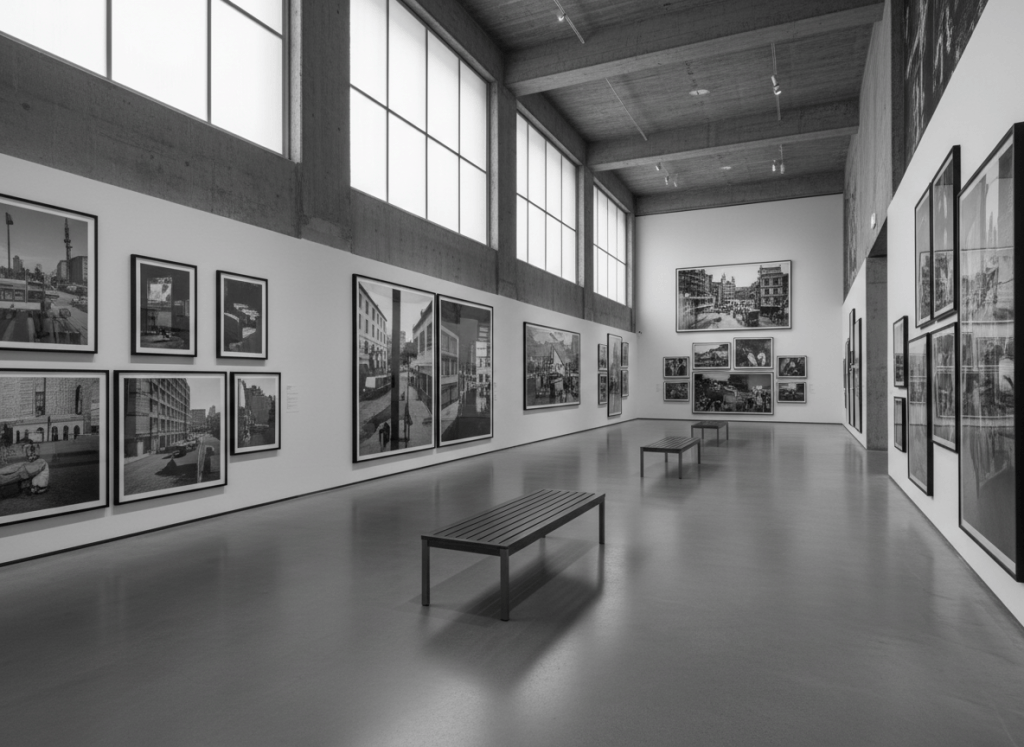 Museum gallery of black and white documentary photographs