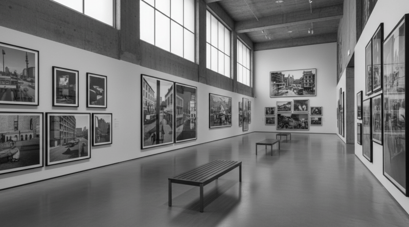 Museum gallery of black and white documentary photographs