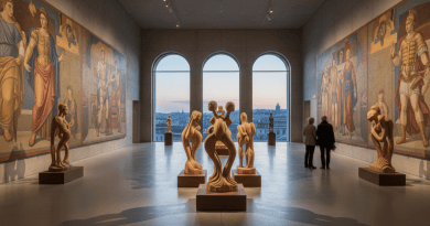 Landscape gallery scene with sculptural forms under museum lighting