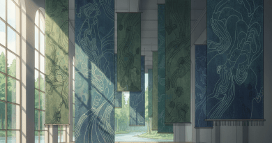 Anime-inspired woven photography gallery scene