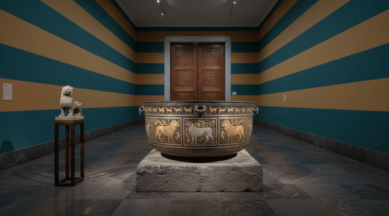 A museum gallery with an inlaid metal basin and a bronze lion under warm spotlights.
