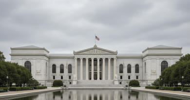 Neoclassical museum facade on an empty plaza