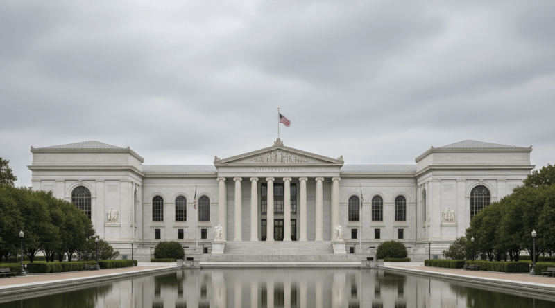Neoclassical museum facade on an empty plaza