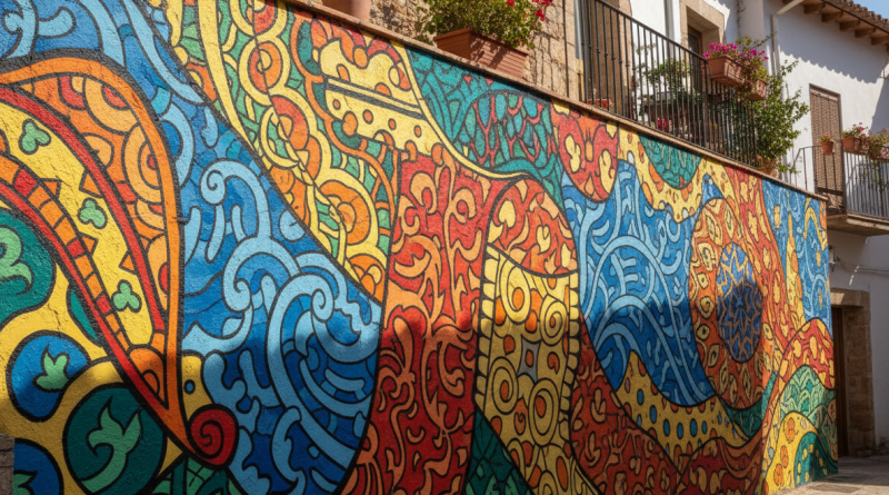 Abstract colorful patterned mural for Sojo Extremadura story