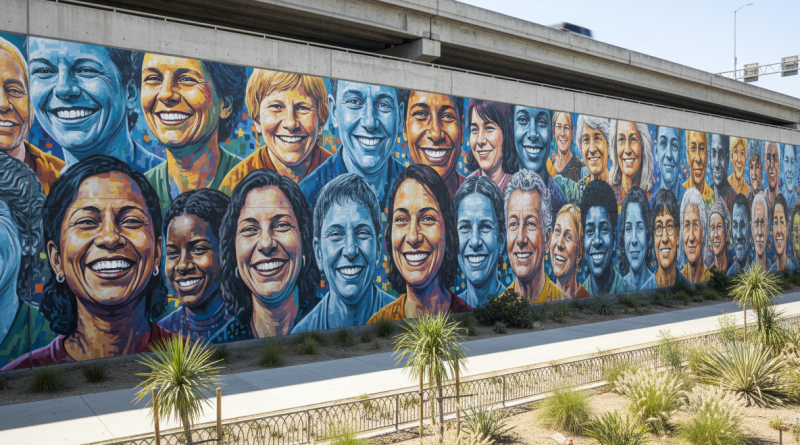 Colorful community mural along an urban freeway wall