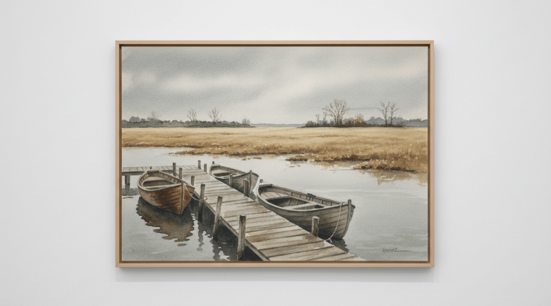 Landscape watercolor of empty Maine coast and rural Pennsylvania fields with fishing boats and wet paper texture, no people or text