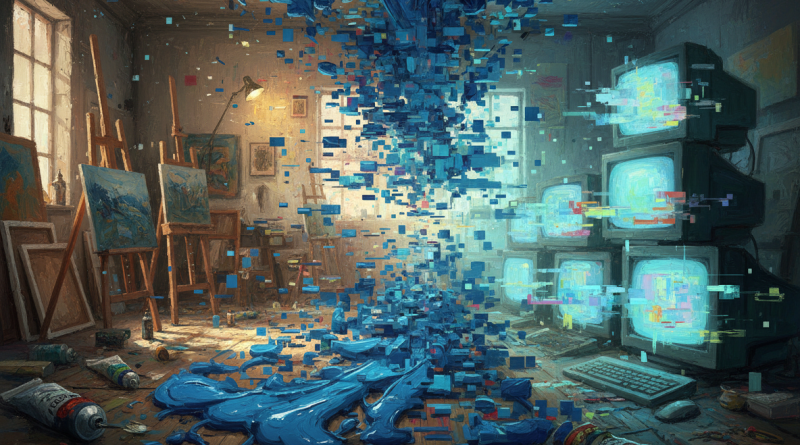 Blue painted brushstrokes dissolve into abstract computer-glitch forms in a studio glow.