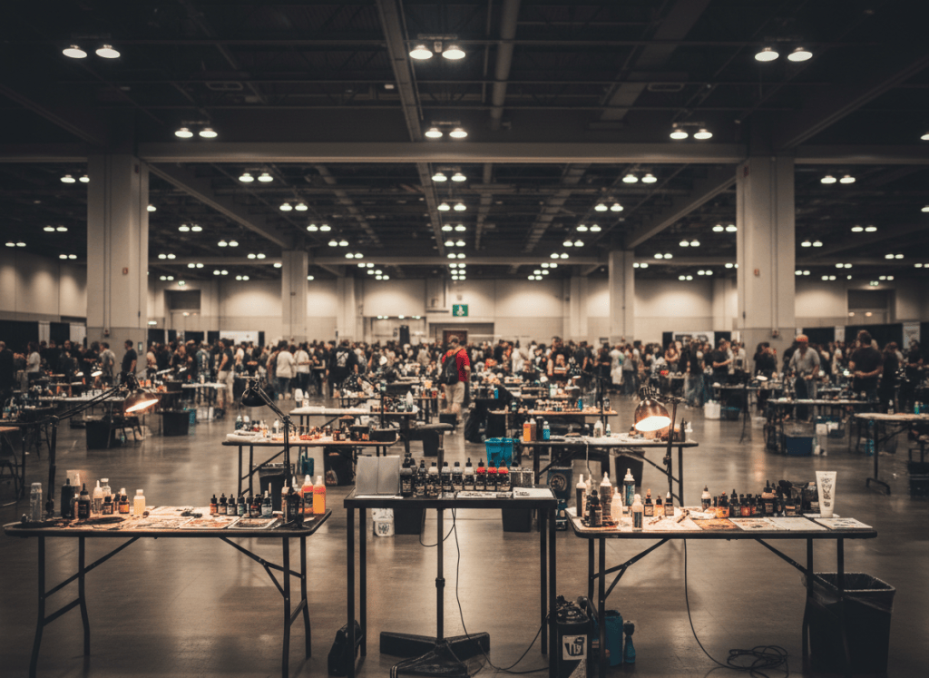 Tattoo convention floor with artist booths under warm hall lights