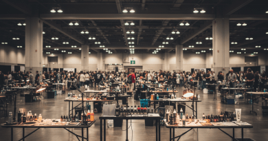 Tattoo convention floor with artist booths under warm hall lights