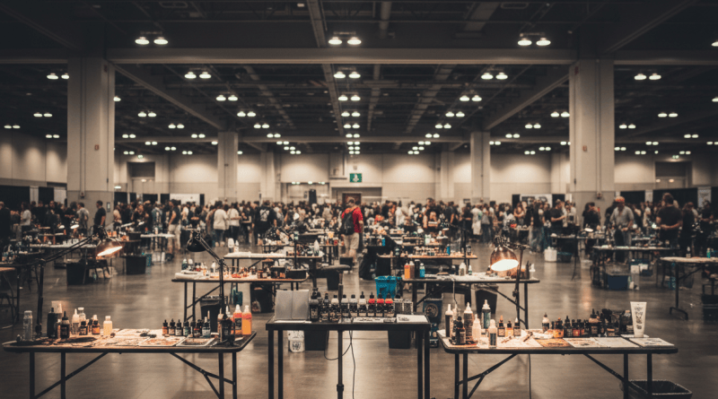 Tattoo convention floor with artist booths under warm hall lights