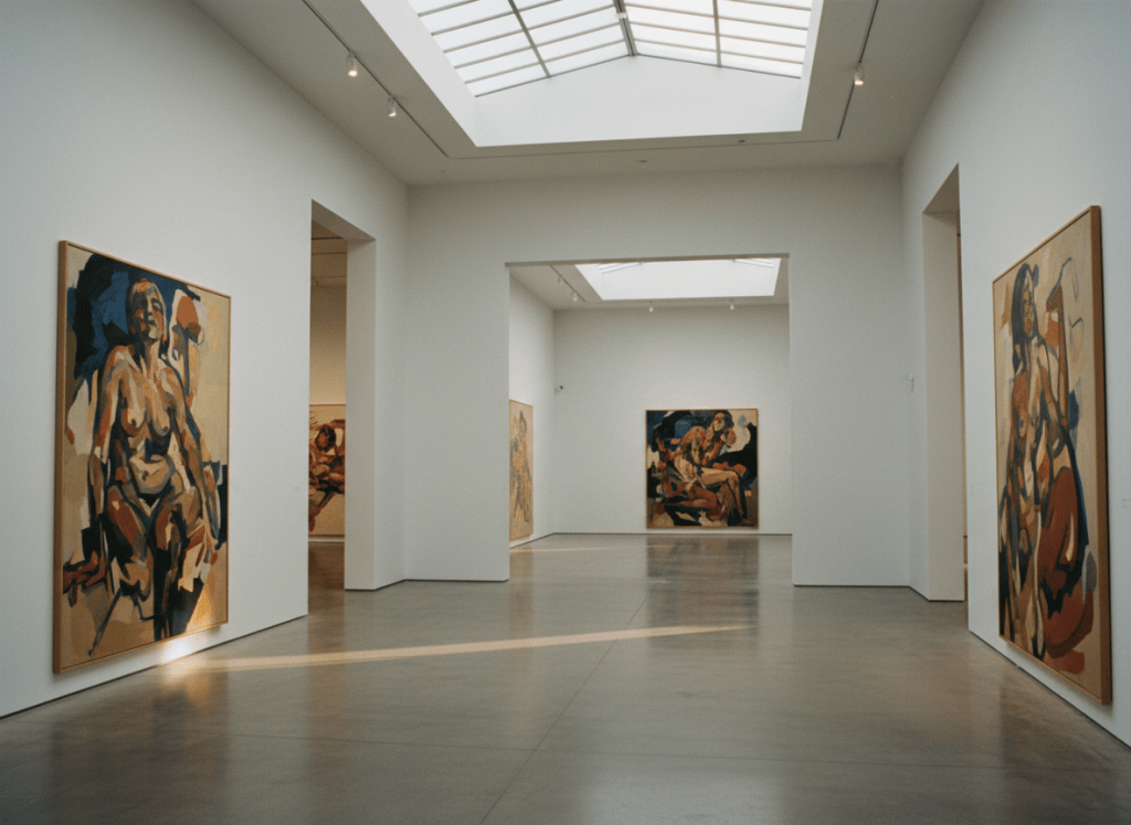 Contemporary gallery interior with large paintings under warm light