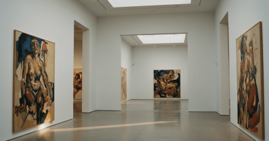 Contemporary gallery interior with large paintings under warm light