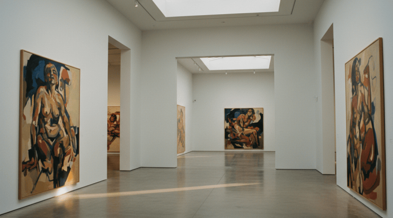 Contemporary gallery interior with large paintings under warm light