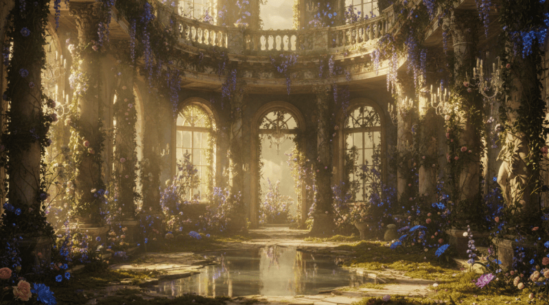 Abandoned palace interior reclaimed by flowering vines and golden light, no people or text